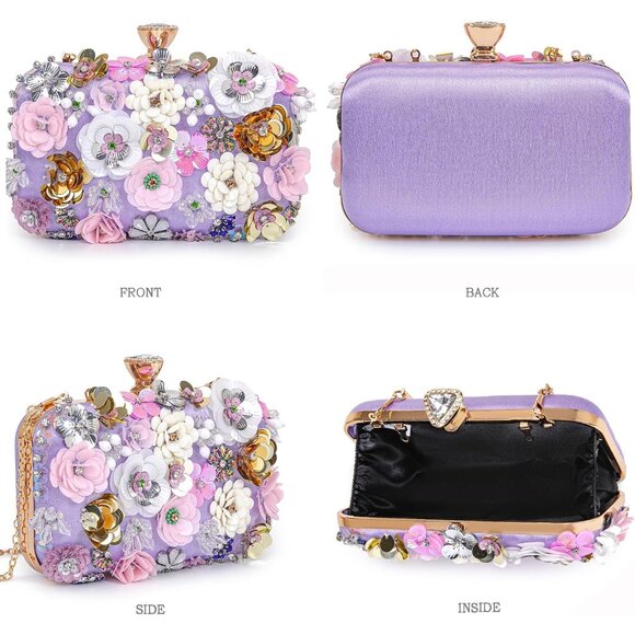 Purple Multicolored 3D Flower Clutch Handbag with Chain Strap for Evening, Weddi - Picture 2 of 7